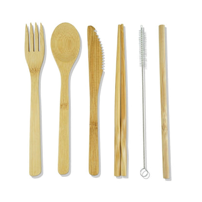 Bamboo cutlery set including: bamboo fork, bamboo chopsticks, bamboo knife, bamboo spoon and bamboo straw. 